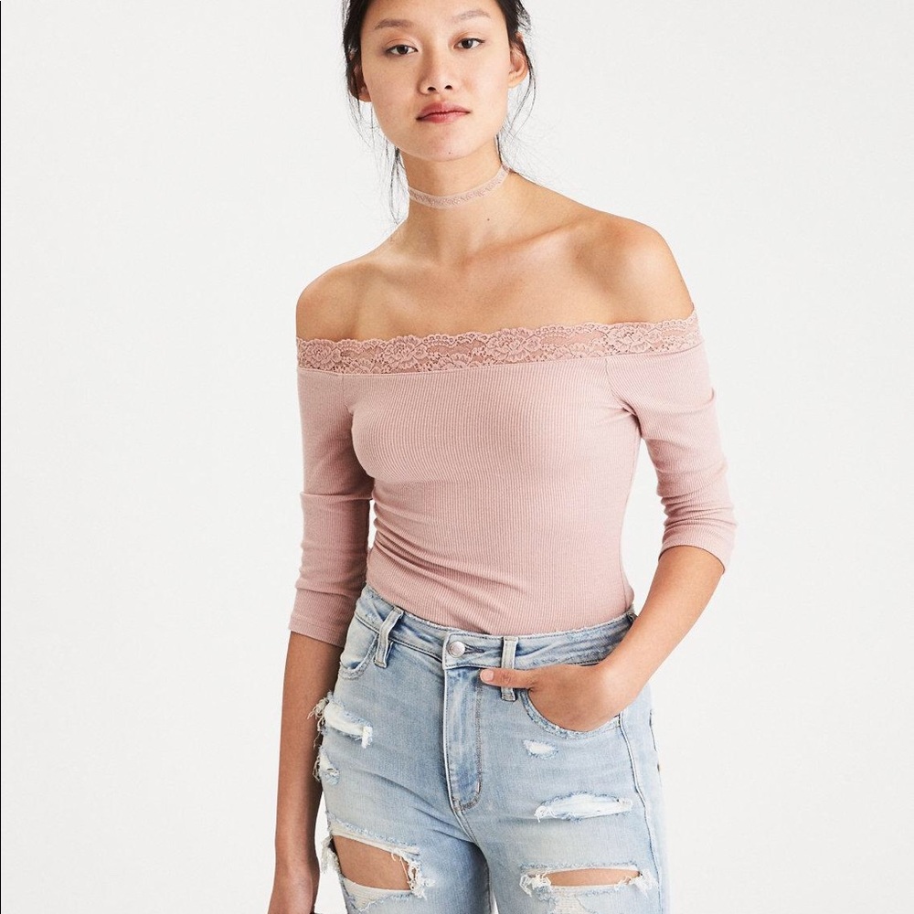 AE Off-the-Shoulder Pink Lace Bodysuit
